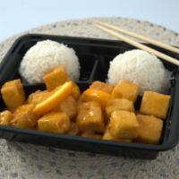 Orange Tofu · Served with steamed rice.