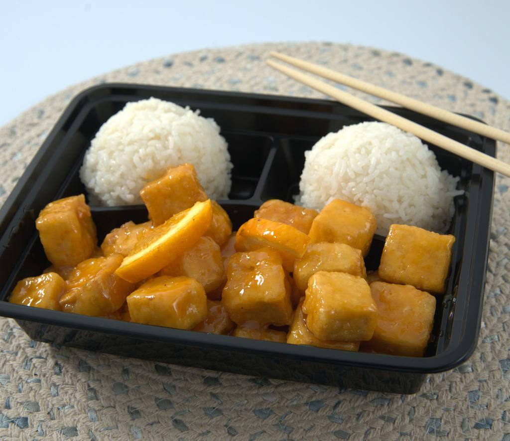 Orange Tofu · Served with steamed rice.