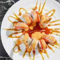 Temptation Roll · IN: Tempura Shrimp, Cream cheese, Avocado, Krab Mix
OUT: Crab Stick (Eel Sauce, Spicy Mayo)