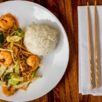 Prawn Yakisoba · Prawns sautéed with broccoli, cabbage, onions, bean sprouts, and noodles in a savory sauce s...