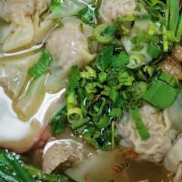 Mi Hoanh Thanh · Wonton and egg noodle pork soup with Vietnamese bbq pork thit Xa Xiu.