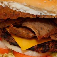 Gyros Burger · The original gyroburger, with gyros on our homemade fresh burger patty, served with 1000 Isl...