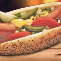 Fire Dog · Spicy polish sausage comes Chicago style on a poppy seed bun topped with mustard, onions, gr...