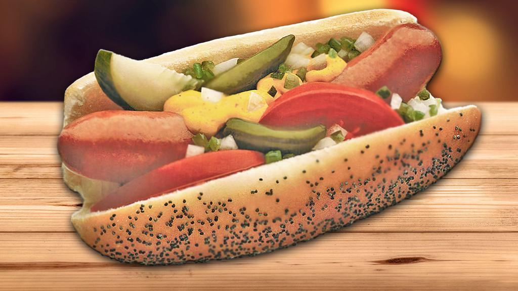 Chicago Hot Dog · Chicago style all-beef frankfurter on a poppy seed bun topped with mustard, onions, green relish, pickle spear, tomato, sport peppers and celery salt.