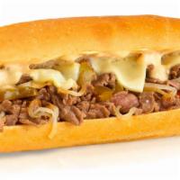Philly Steak Sandwich · Prepared with fresh top sirloin, served with melted Swiss cheese on a grilled French roll, w...