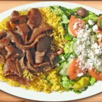Gyros Plate With Pita · Famous gyros on yellow rice with Greek salad and pita bread. Served with a side of homemade ...