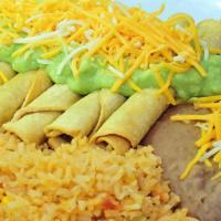 Rolled Tacos Plate (5 Pcs) · 5 beef rolled tacos with melted cheddar cheese on top and a side of rice and beans.