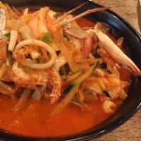 Jjamppong · Spicy seafood noodle with assorted vegetable and seafood. Hot and spicy.
