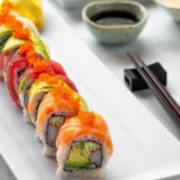 Rainbow · Tuna, salmon, white fish, avocado and masago, over a California roll