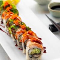 Seahawk · Eel, shrimp and cucumber topped with masago, seared salmon and seaweed