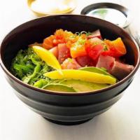 Poke Don · Salmon,tuna, yellowtail,avocado with chef special sauce on top with seaweed salad and masago