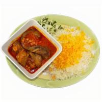 Eggplant Gheymeh Stew · Sautéed eggplants, onions, chunks of beef, and yellow split peas cooked down with tomato-bas...