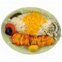 Chicken Kabob · Boneless and skinless chicken breast marinated, skewered and cooked over open fire, served w...