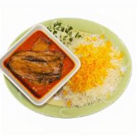 Eggplant Gheymeh Stew · Sautéed eggplants, onions, and yellow split peas cooked down with tomato-based stew, served ...