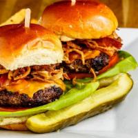 Burger Sliders · Topped with jalapeño, bacon jam, fried onion strings, lettuce, tomato, mayo and smoked chedd...