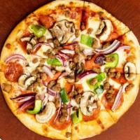 House Pizza · Pizza sauce, ham, Mozzarella, mushroom, green pepper, red onion, sausage and pepperoni.