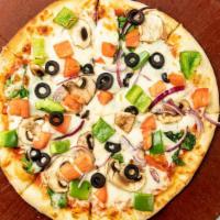Veggie Pizza · Pizza sauce, Mozzarella, mushroom, green pepper, red onion, tomato, spinach, and black olives.