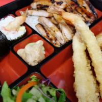 Bento D · Choice of side Gyoza (3 pc) or Egg Roll (1 pc). Choice of meat - Chicken, Breast, Beef, Pork...