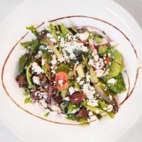 The Greek Salad · Baby spinach, seasonal greens, grape tomatoes, feta, Kalamata olives, red onions, cucumber, ...