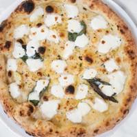 White Pizza (Bianca) · Fresh mozzarella, Parmesan, basil, oregano, garlic, and extra virgin olive oil, and no tomat...