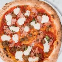 The Meats · Italian tomato sauce, fresh mozzarella, housemade Angus beef meatballs, pepperoni and rosema...
