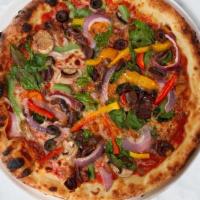 From The Garden · Italian tomato sauce, fresh mozzarella, baby spinach, bell peppers, red onions and Kalamata ...