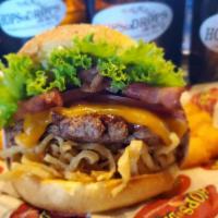 Western Burger · Cheddar cheese, bacon, frizzled onions, lettuce, tomato, zippy barbeque sauce and HopsnDrops...