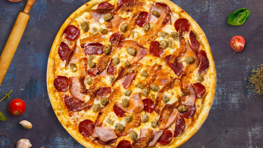 Meat Your Only Lover Pizza · Pepperoni, sausage, meatballs, bacon, ham, and garlic baked on a hand-tossed dough.