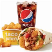 Meat & Potato Burrito Combo · Meat Potato Burrito with Seasoned Ground Beef or upgrade to Crunchy Chicken. Order a small, ...