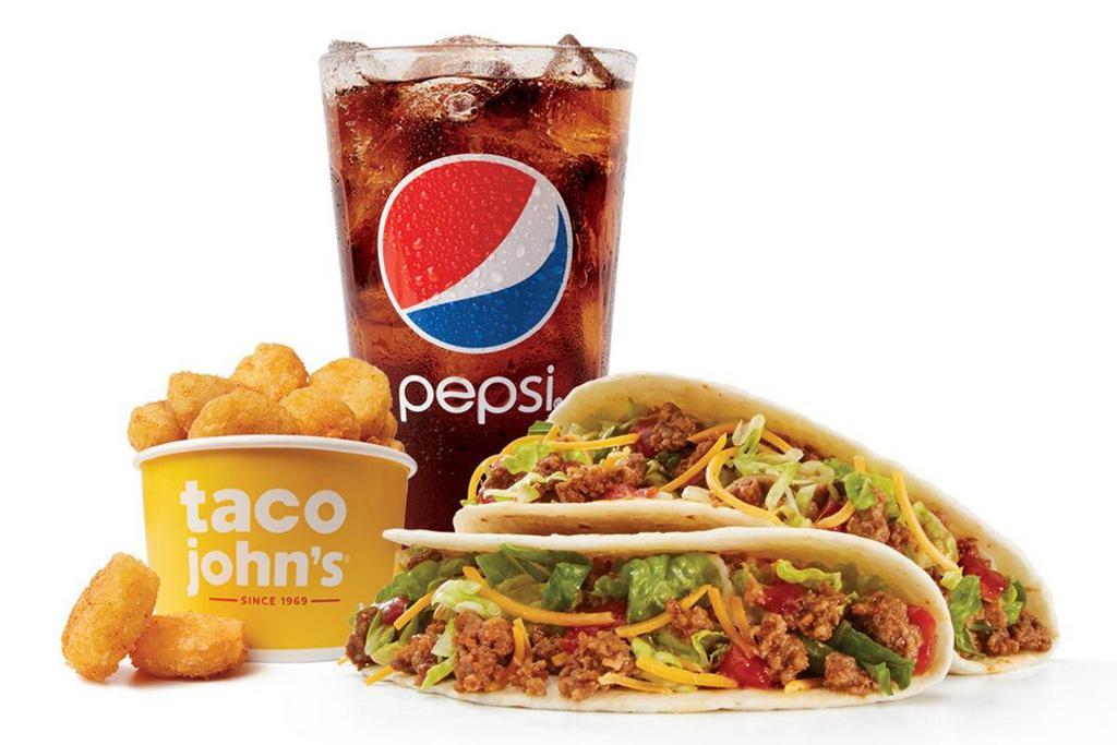 Two Softshell Tacos Combo · Two Softshell Tacos with Seasoned Ground Beef (or upgrade to Chile Lime Grilled Chicken), Order a small, medium or large Combo with a beverage and a side of your choice; Potato Olés®, Refried Beans, Side Salad or Nachos.