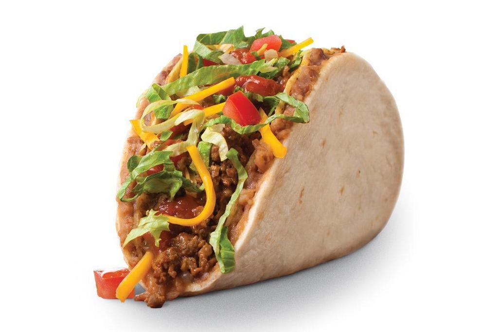 Taco Bravo® · A warm Flour Tortilla smothered in Refried Beans wrapped around a Crispy Corn Shell filled with our signature Seasoned Ground Beef, Cheddar Cheese, Mild Sauce and Lettuce. Topped off with Diced Tomatoes. . See you on Taco Bravo Thursday®.