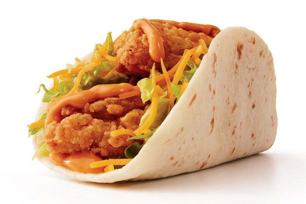 Fried Chicken Taco · Our bold and craveworthy Fried Chicken Taco changed the fried chicken game! This taco features crispy, all-white meat chicken tenders wrapped in a soft, flour tortilla and topped with your choice of zesty chipotle lime or spicy jalapeño ranch, crisp shredded lettuce and all-natural Cheddar cheese. Also available as a combo!.