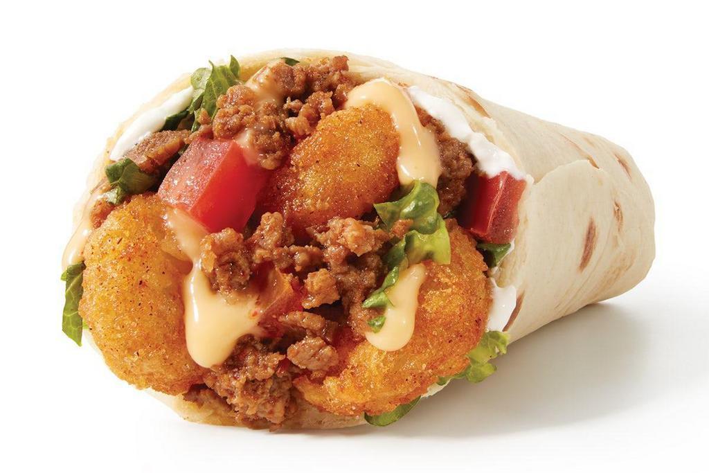 Meat & Potato Burrito · Made with our favorite Seasoned Ground Beef (or upgrade to Crunchy Chicken), our savory Potato Olés®, Nacho Cheese, Sour Cream, Lettuce and Tomatoes.