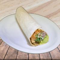 Chicken Burrito · Chicken, rice, beans, cilantro, onions and guacamole.