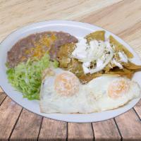 Chilaquiles · Tortillas sautéed in an either red (spicy) OR green (mild) sauce, topped with cheese, a side...