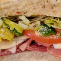 Grinder · Salami, oven roasted ham, Provolone cheese, bell peppers, lettuce, tomatoes, pepperoncinis a...