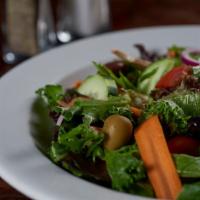 Small Garden Salad · Fresh greens, red onions, tomatoes, cucumbers, black and green olives, mushrooms