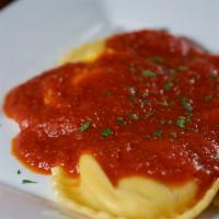 Ravioli · Jumbo size cheese filled ravioli in pomodoro topped with melted mozzarella