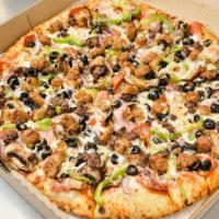 Supreme · Pepperoni, ham, mushrooms, green peppers, red onions, black olives, beef, sausage.