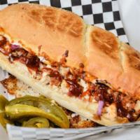 Backyard Chicken Bbq · Grilled white chicken, bacon, red onion, cheddar and mozzarella cheese, smothered in BBQ sau...