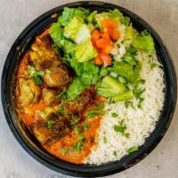 Lamb Tikka Masala Bowl · 48oz bowl with Basmati rice, bone-in lamb smothered with tikka masala sauce with side salad ...