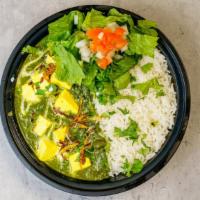 Saag Paneer Bowl · 48oz bowl with Basmati rice, soft paneer cubes smothered with spinach/saag sauce with side s...