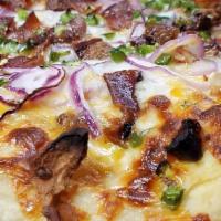  Chefs Choice · Garlic Oil, house red sauce, Sun Dried Tomatoes, Bacon, Garlic Confit, Jalapeños, Red Onions...