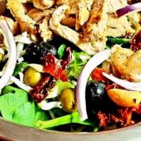 The Greek Salad · House salad blend, artichoke hearts, cucumbers,  olives, sun dried tomatoes, mozzarella chee...