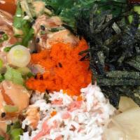 Poke Bowl · Rice and salad served with choice of fresh fish, seaweed salad, shredded kani, tomatoes, cuc...