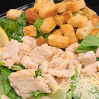 Chicken Caesar Salad · Romaine lettuce, diced chicken, shredded parmesan cheese, lemon wedges and croutons with cho...
