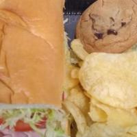 Sub Box Lunch · Sub, chips, and cookie. Sub made dry with tomato, lettuce, and packets of mayo/mustard on th...