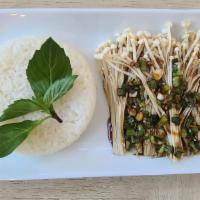 Steamed Enoki Mushrooms · Sauteed in scallion sauce over steamed rice.