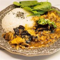Mushroom Chicken Rice · Stir-fried Chicken & Mushrooms, Scrambled Egg, Steamed Rice.