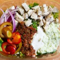 Middle Eastern Cobb · Grilled chicken breast, jalapeno feta dip, red onion, spicy pickled peppers, romaine, hariss...